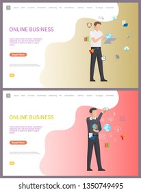 Online business, worker with access to internet web vector. Employee with global data, businessman speaking to partners, interacting with infocharts