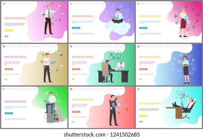 Online business worker with laptops working in office vector. Modern technologies for job, businessman finding solution, social network around world