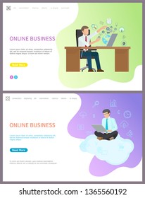 Online business worker sitting on cloud with PC laptop vector. Digital information in web people browsing internet getting information and visual data