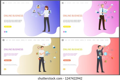 Online business workers with global network set of web pages vector. Businessman and businesswoman with laptops, digital info and devices for job