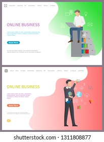 Online business, workers performing tasks at work vector. Boss with global network choosing good option for company. Charts and investigation results. Website or webpage template landing page in flat