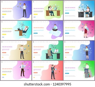 Online business, workers working with laptops vector. Distant job, freelancers at office sitting by desks with computers. Global partnership company