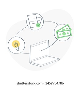 Online business workflow, financial activities through a computer. Search and development of ideas, doing business, communication, signing contracts, getting money. Flat linear icon concept on white.