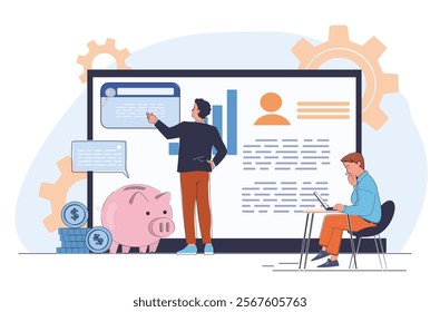 Online business workshop. Men working on common project on Internet. Collaboration and cooperation. Freelancers and remote workers. Collaboration and cooperation. Linear vector illustration