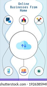 online businesses from home editable infographic template with icons of eye, database, phone, startup, ebooks, darts, cloud computing