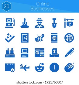 online businesses icon set. 20 filled icons on theme online businesses. collection of Old computer, Bluetooth, Invisible man, Safebox, Grid, Factory, Advise, Info, Success