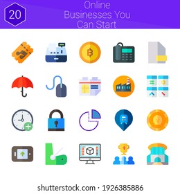 online businesses you can start icon set. 20 flat icons on theme online businesses you can start. collection of calendar, factory, siam paragon, ticket, shape, umbrella, graphic design