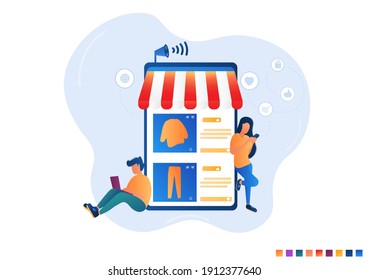 Online businessman concept illustration Selling shirts and pants online Business offering Buying skins, trade through APP online