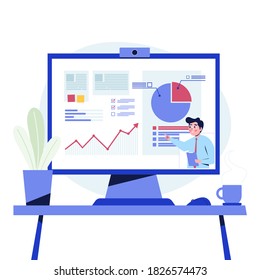 Online businessman presentation. Man video call share presentation on computer screen. Flat design vector illustration
