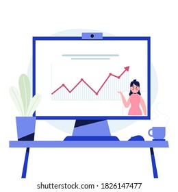 Online businesswoman presentation. Woman video call share presentation on computer screen. Flat design vector illustration