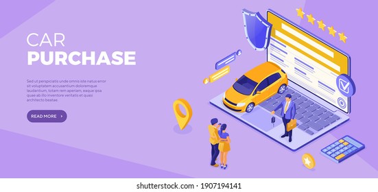 Online Buy Car Distance Technology Sale Purchase Car Auto Rental Carsharing Landing Page Advertising With Car Laptop Dealer Key Couple With Credit Card Isometric Vector Illustration