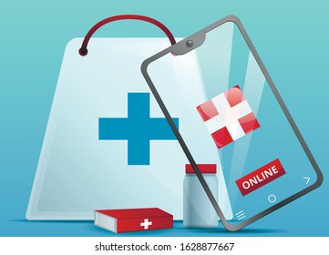 Online buy medical pills concept banner. Cartoon illustration of online buy medical pills vector concept banner for web design