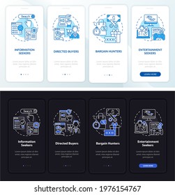 Online buyer behavior onboarding mobile app page screen with concepts. Bargain hunter walkthrough 4 steps graphic instructions. UI, UX, GUI vector template with linear night and day mode illustrations