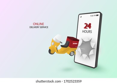 Online buying and fast delivery concept. With 3d deliver scooter and smartphone on background.