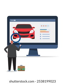 Compra e venda online de carro novo. Revisão e avaliação do estado do carro, classificação de automóveis. Os clientes avaliam com estrelas. Comprando novo serviço automático. Ilustração em formato de desenho animado.