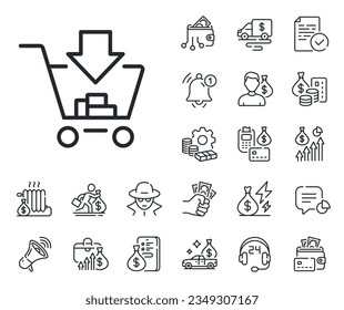 Online buying sign. Cash money, loan and mortgage outline icons. Add to Shopping cart line icon. Supermarket basket symbol. Shopping line sign. Credit card, crypto wallet icon. Vector