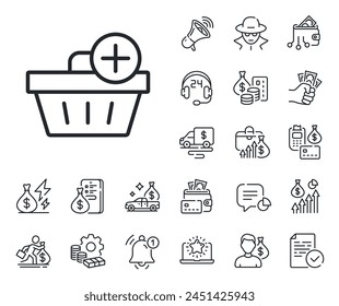 Online buying sign. Cash money, loan and mortgage outline icons. Add to Shopping cart line icon. Supermarket basket symbol. Add purchase line sign. Credit card, crypto wallet icon. Vector