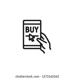 Online buying thin line icon. Human hand holding cellphone, button, text isolated outline sign. Digital purchase concept. Vector illustration symbol element for web design and apps.