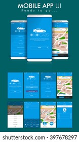 Online Cab Mobile App Material Design UI, UX and GUI Screens including Sign Up, Start, Pick Up Location, Login Form,  Destination, Map Navigation and Last Ride features for e-commerce business.