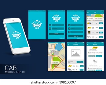 Online Cab Mobile App UI, UX and GUI Screens including Sign In, Cab Booking, Map Navigation and Destination features for responsive websites and e-commerce business concept.