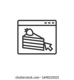 Online cake ordering line icon. Dessert food delivery service linear style sign for mobile concept and web design. Website page with cake slice outline vector icon. Symbol, logo illustration.