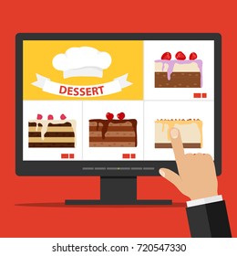Online cake ordering via the Internet. Select a cake on the computer. Flat design, vector illustration, vector.