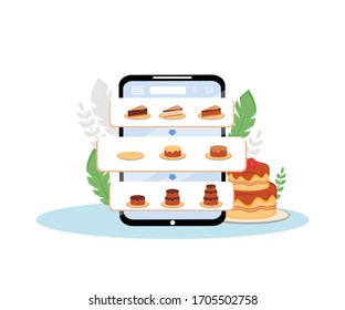 Online cakes order mobile application flat concept vector illustration. Pie assortment, sweet bakery choice option. Confectionary ordering and delivery internet service creative idea