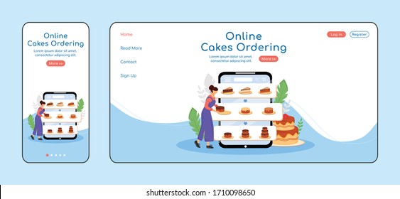 Online cakes ordering adaptive landing page flat color vector template. Pastry shop mobile and PC homepage layout. Bakery order one page website UI. Desserts assortment webpage cross platform design