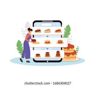 Online cakes ordering flat concept vector illustration. Female cook, pastry chef 2D cartoon character for web design. Sweet bakery order and delivery internet service creative idea