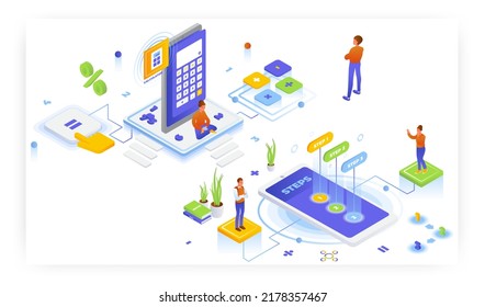 Online calculator, math equation solver app, vector isometric illustration. Algebra, calculus problems solving in steps.