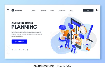 Online calendar app business work planning. Vector 3d isometric illustration. Concept of time management of office teamwork, project development process and deadline. Web landing page, banner design