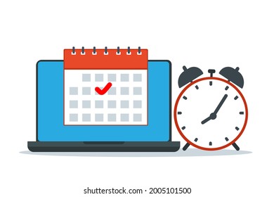 Online calendar with check mark on laptop and alarm clock