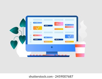 Online calendar with a daily schedule. Planning events, work tasks, appointments in a digital app. Business planner. Time management, scheduling concept. Isolated flat vector illustration