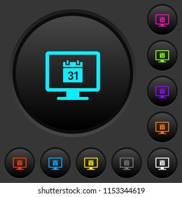 Online calendar dark push buttons with vivid color icons on dark grey background