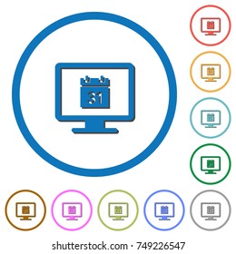 Online calendar flat color vector icons with shadows in round outlines on white background