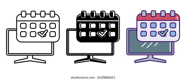 Online Calendar icon represented by calendar in monitor Line, Filled, Color style.