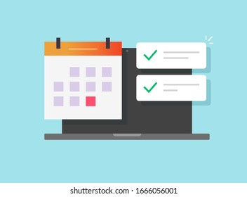 Online calendar and important deadline date task list app on laptop computer or scheduled event appointment notice vector flat cartoon icon, illustration of web agenda on pc modern design isolated