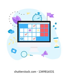 Online calendar with marks, tasks and notes . Concept of time management. with business icons