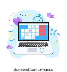 Online calendar with marks, tasks and notes . Concept of time management. with business icons