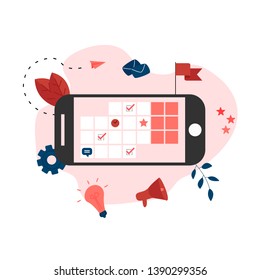 Online calendar with marks, tasks and notes . Concept of time management. with business icons	