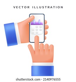 Online calendar and task list on the phone in the user's hand, 3d style for graphic design. Phone in hands in vector cartoon comic style.