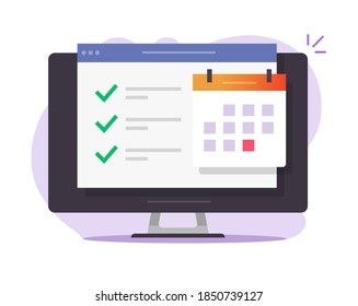 Online calendar web task to do list with done finished business things, website internet scheduled digital events appointments on computer screen vector flat illustration, agenda icon modern design