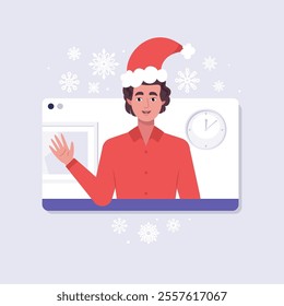 Online call from a character. New Year's greeting. The character is wearing a New Year's hat in the video call frame. Christmas theme. Vector set in a flat style