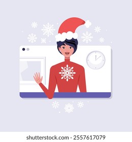 Online call from a character. New Year's greeting. The character is wearing a New Year's hat in the video call frame. Christmas theme. Vector set in a flat style