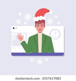 Online call from a character. New Year's greeting. The character is wearing a New Year's hat in the video call frame. Christmas theme. Vector set in a flat style
