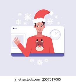Online call from a character. New Year's greeting. The character is wearing a New Year's hat in the video call frame. Christmas theme. Vector set in a flat style