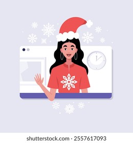 Online call from a character. New Year's greeting. The character is wearing a New Year's hat in the video call frame. Christmas theme. Vector set in a flat style
