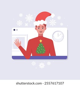 Online call from a character. New Year's greeting. The character is wearing a New Year's hat in the video call frame. Christmas theme. Vector set in a flat style