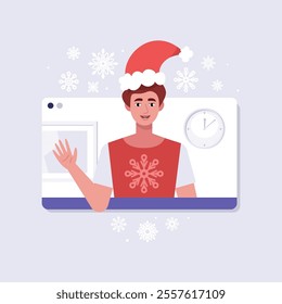 Online call from a character. New Year's greeting. The character is wearing a New Year's hat in the video call frame. Christmas theme. Vector set in a flat style