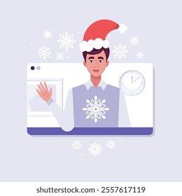 Online call from a character. New Year's greeting. The character is wearing a New Year's hat in the video call frame. Christmas theme. Vector set in a flat style